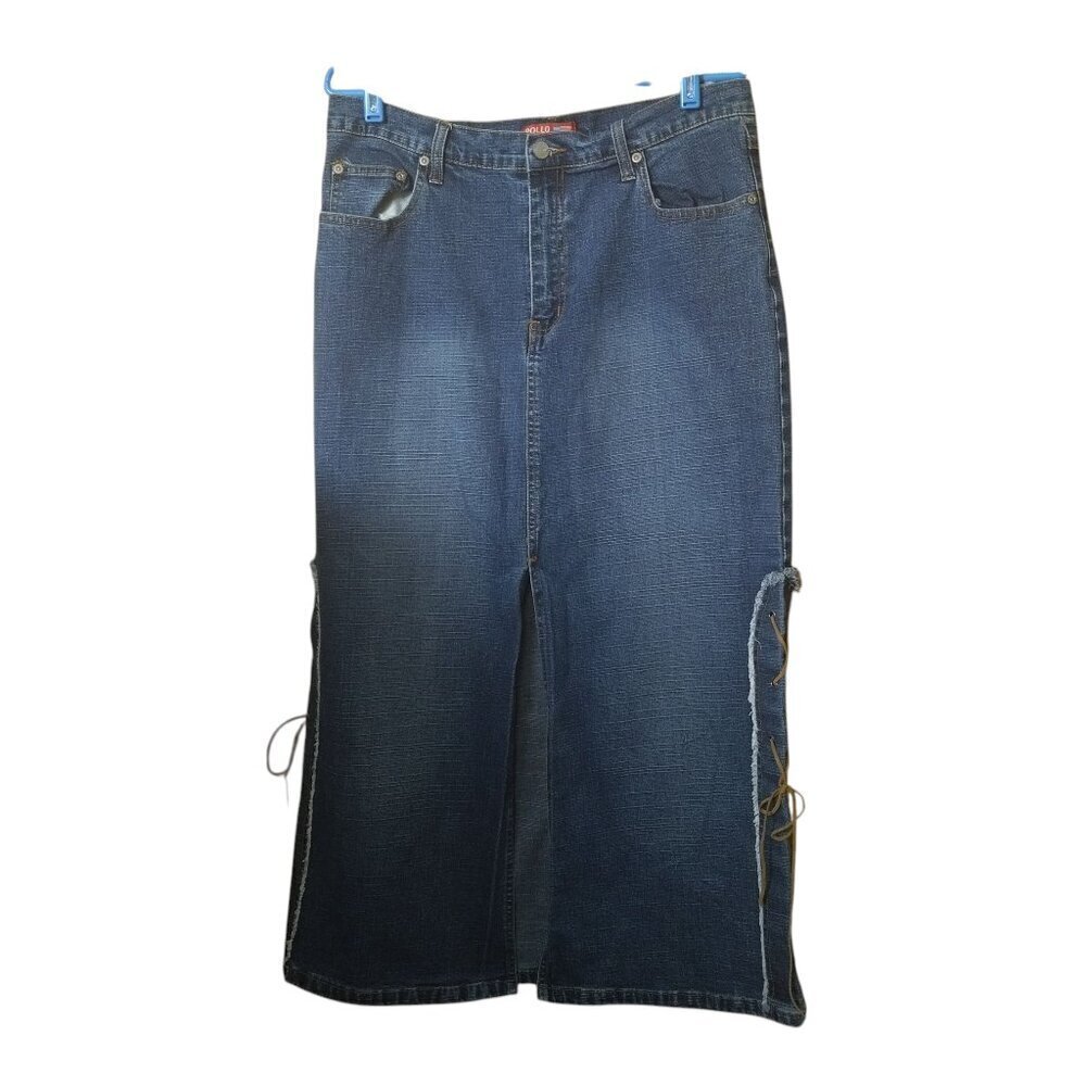 Apollo Jeans Size 1XL Denim Pencil Maxi Skirt Slits Suede Lace Side Distress